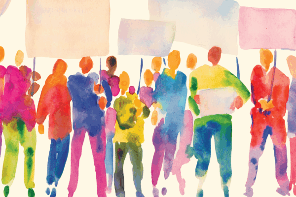 Painted figures at a protest