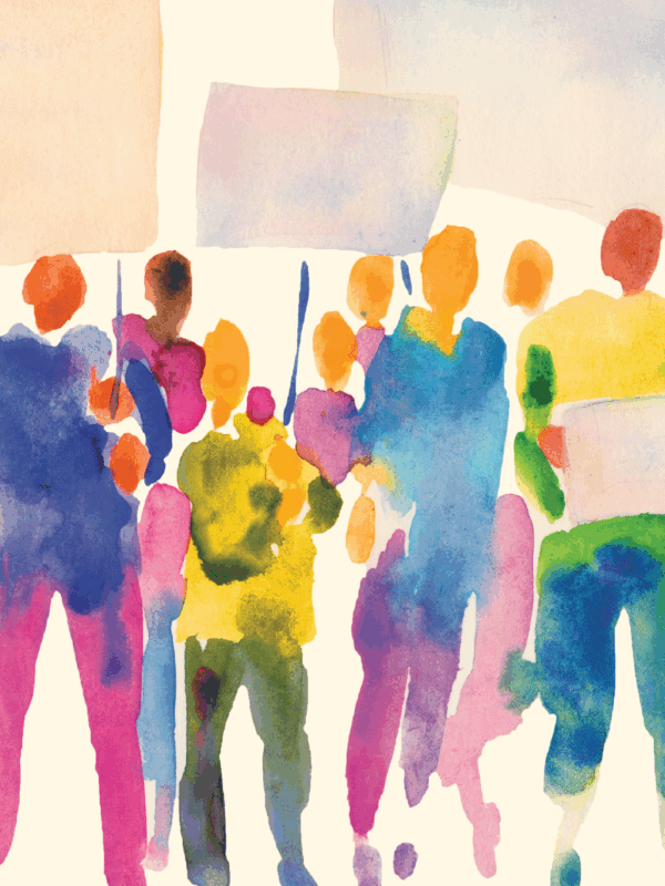 Painted figures at a protest