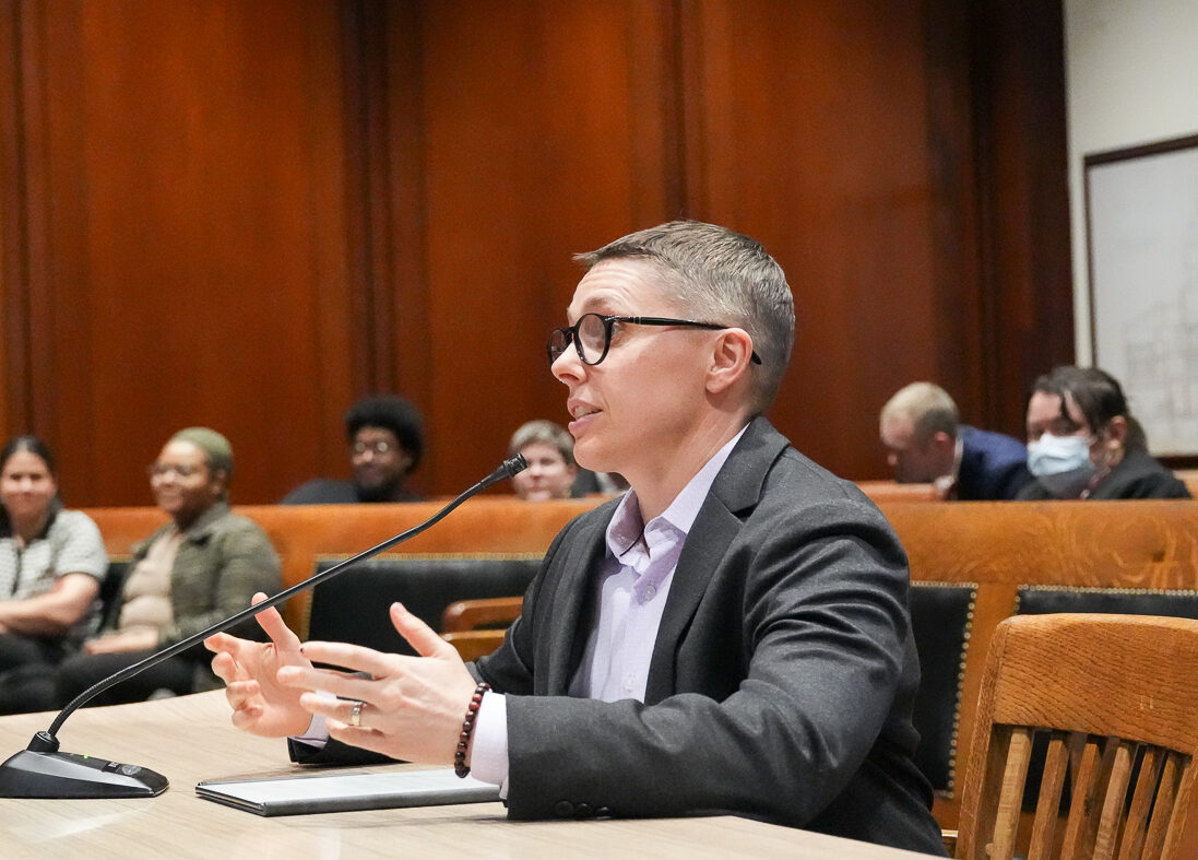 Kade Crockford testifying before the Advanced IT Committee at the Massachusetts Statehouse