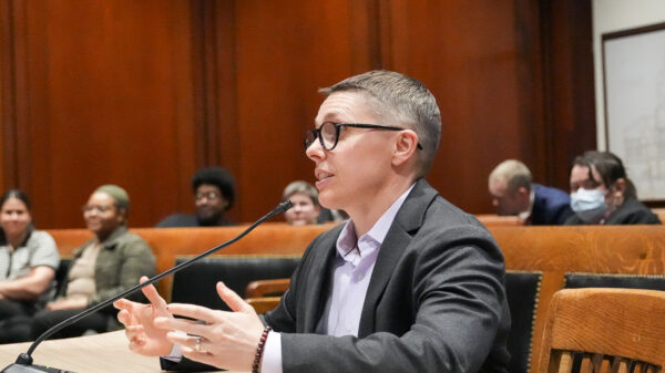 Kade Crockford testifying before the Advanced IT Committee at the Massachusetts Statehouse