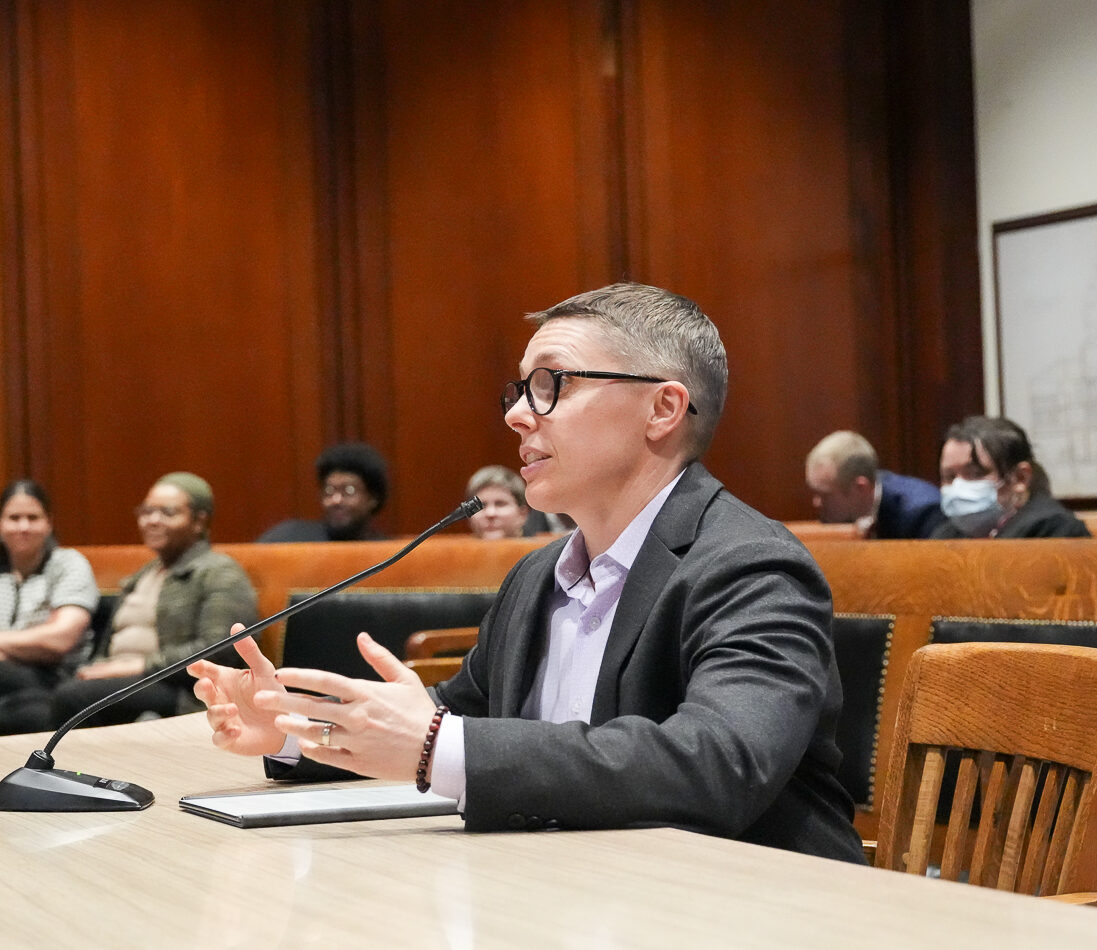 Kade Crockford testifying before the Advanced IT Committee at the Massachusetts Statehouse