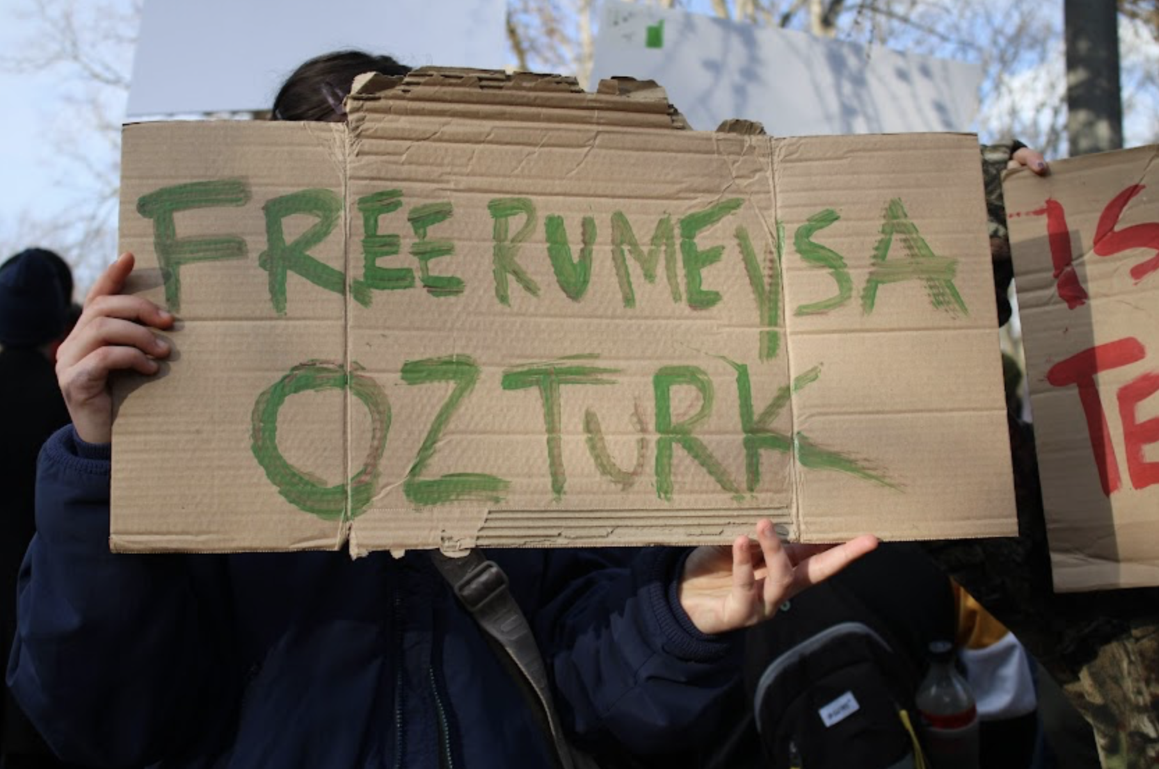 Rumeysa Ozturk Rally Sign reads "Free Rumeysa Ozturk"