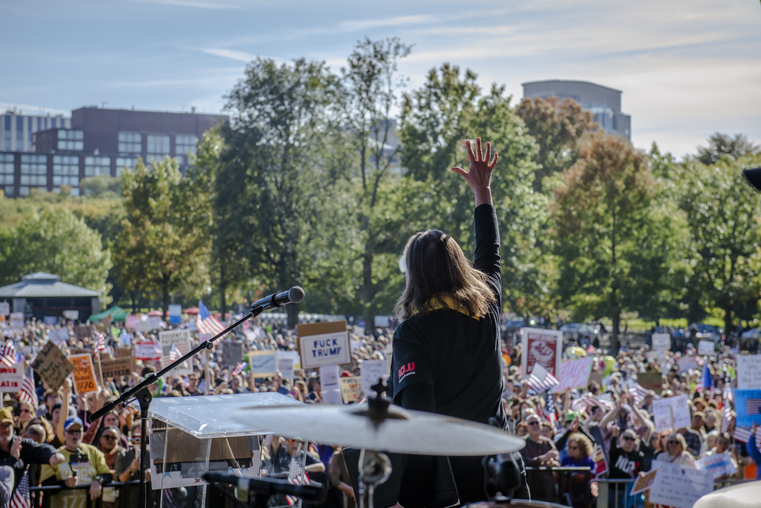 Carol Rose speaking to the crowd at the No Kings Protest in Boston Common