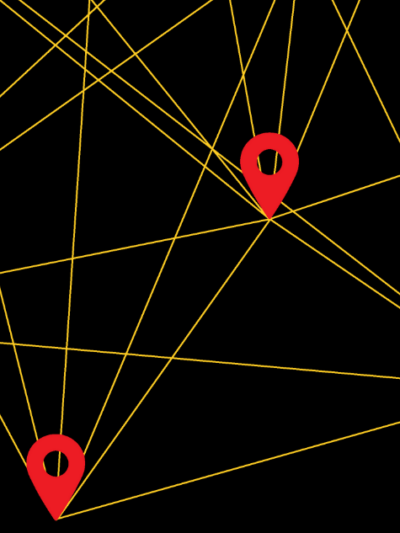 Red location data pins on a black background