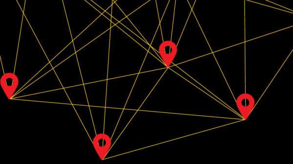 Red location data pins on a black background