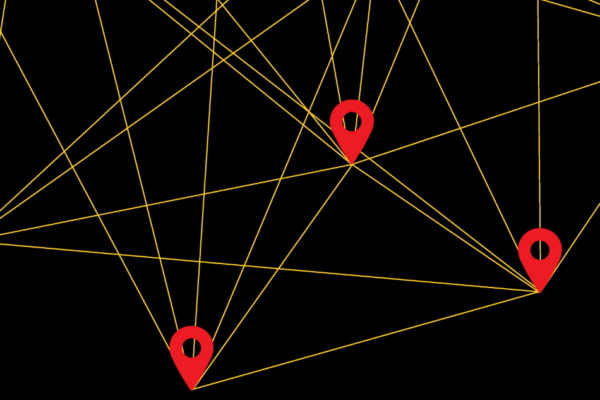 Red location data pins on a black background