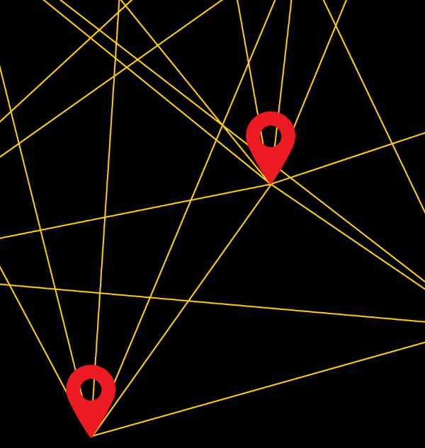 Red location data pins on a black background