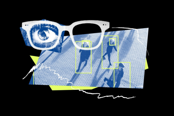 Black background with text that reads in white and neon yellow “Meta: Make Eyewear, not spywear.” Below the text is a graphic collage that includes eyeglasses, a creepy eyeball, and an image of three people walking down the street with neon yellow boxes around them suggesting they have been visually captured and identified.