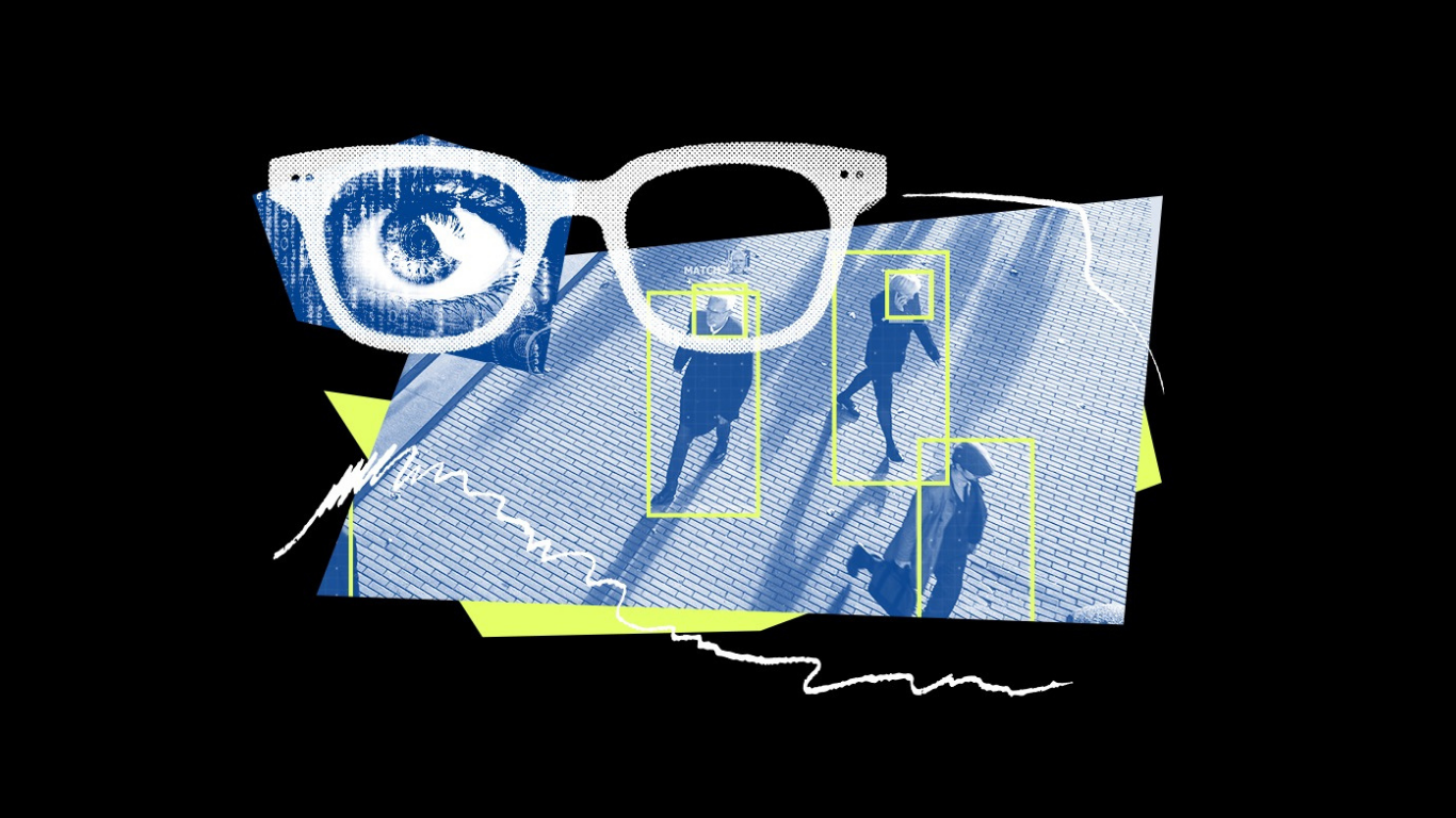Black background with text that reads in white and neon yellow “Meta: Make Eyewear, not spywear.” Below the text is a graphic collage that includes eyeglasses, a creepy eyeball, and an image of three people walking down the street with neon yellow boxes around them suggesting they have been visually captured and identified.