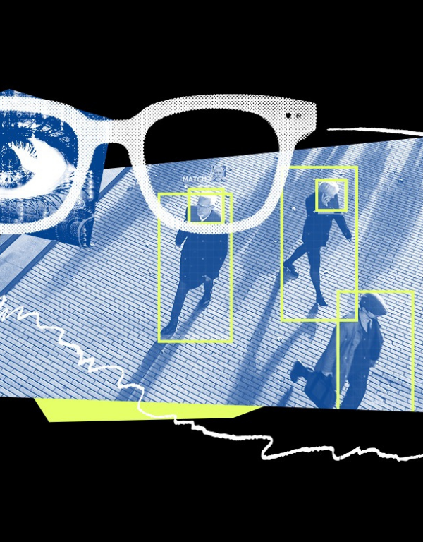 Collage graphic of white glasses overlaid on facial recognition camera footage, lime green accents sit in the background of the collage on a black background.