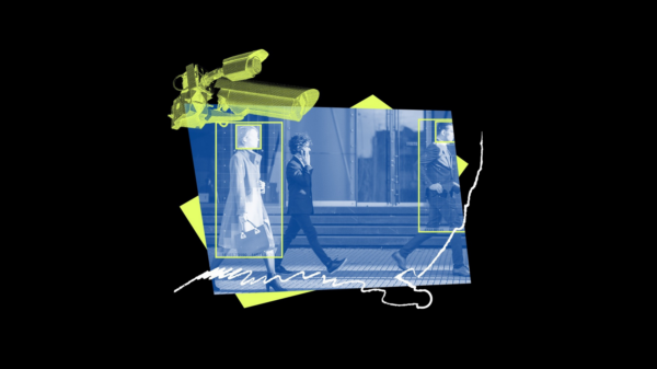 Black background with text in neon yellow and white that reads “Meta: Your glasses shouldn’t know our names.” Beneath the text is a collage graphic that shows surveillance cameras and an image of three people walking down the street with neon yellow boxes around some of their heads and bodies, suggesting they are being observed and tracked.