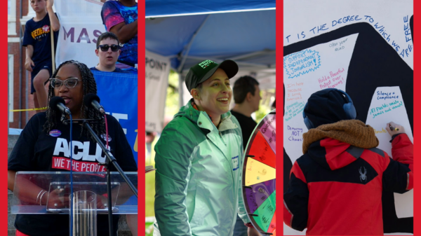 Three images of ACLU events. On the far left Traci Griffith speaks at a podium. In the center, Liv Santoro is interacting with community members, on the right a community member is participating in an art build.
