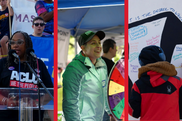Three images of ACLU events. On the far left Traci Griffith speaks at a podium. In the center, Liv Santoro is interacting with community members, on the right a community member is participating in an art build.