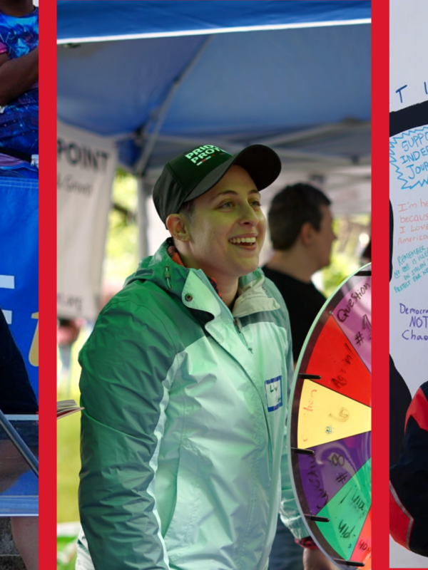 Three images of ACLU events. On the far left Traci Griffith speaks at a podium. In the center, Liv Santoro is interacting with community members, on the right a community member is participating in an art build.