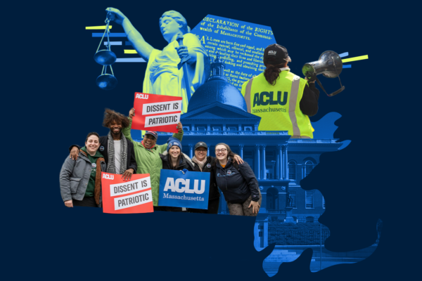 Collage image with a blue background featuring the Massachusetts Statehouse, an individual in a yellow vest with a megaphone, two protestors, lady liberty, and a group of ACLU staff members.