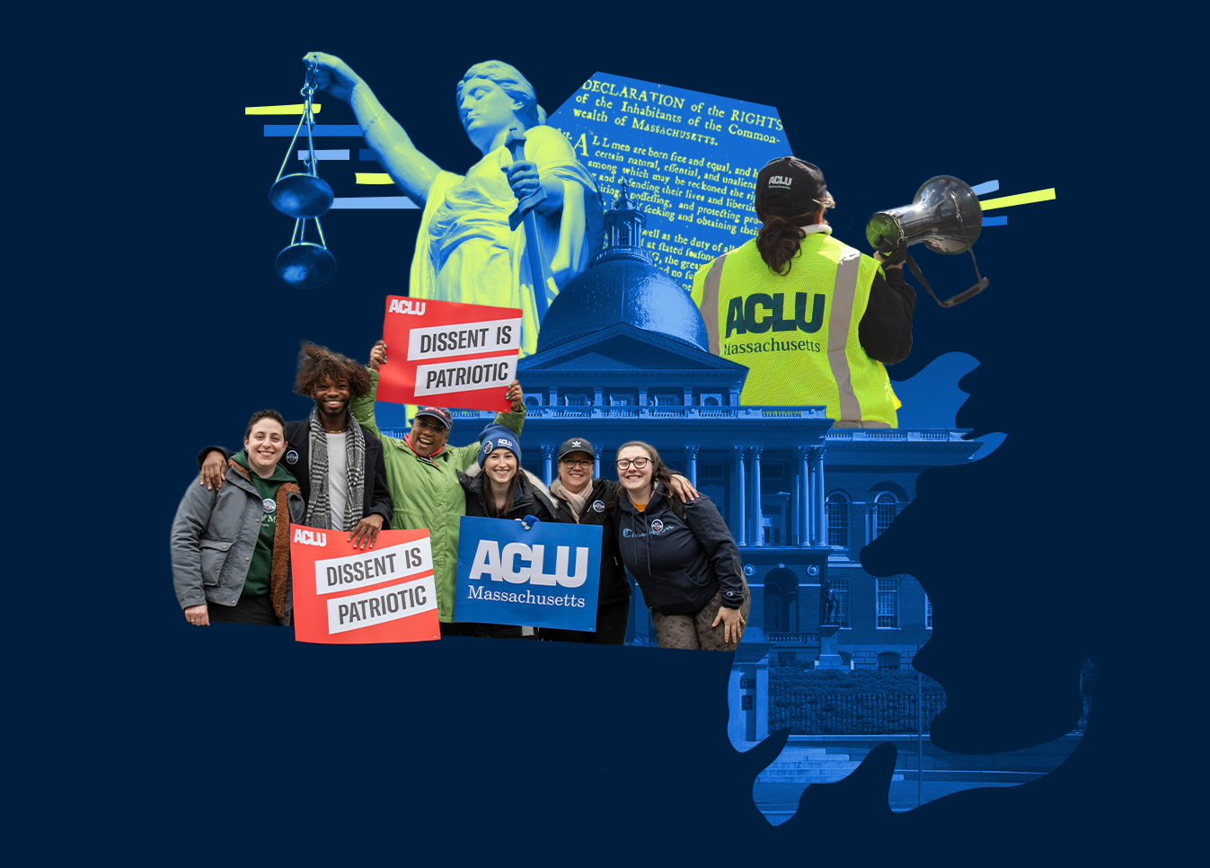 Collage image with a blue background featuring the Massachusetts Statehouse, an individual in a yellow vest with a megaphone, two protestors, lady liberty, and a group of ACLU staff members.