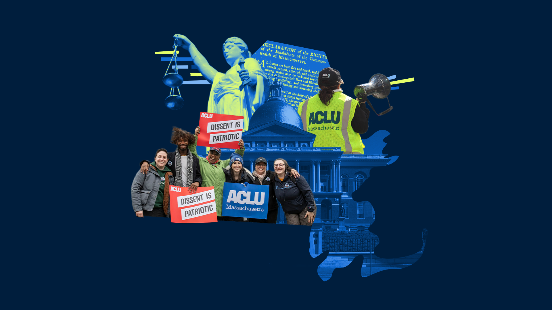Collage image with a blue background featuring the Massachusetts Statehouse, an individual in a yellow vest with a megaphone, two protestors, lady liberty, and a group of ACLU staff members.