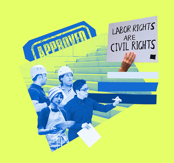 Collage with workers and rally sign saying Labor Rights are Civil Rights