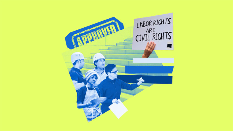 Collage with workers and rally sign saying Labor Rights are Civil Rights