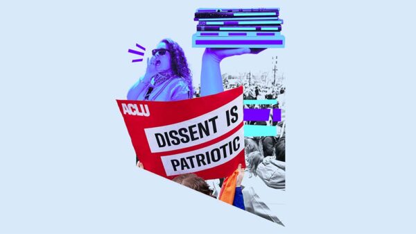 Collage of a rally with woman speaking freely and a stack of books and a sign saying Dissent is Patriotic