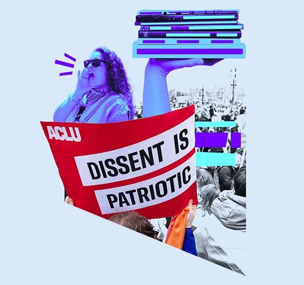 Collage of a rally with woman speaking freely and a stack of books and a sign saying Dissent is Patriotic
