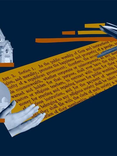 Collage with a church and mosque and temple and words from Article 3 of the Massachusetts Declaration of Rights which guarantees that all religious sects and denominations shall be equally under the protection of the law