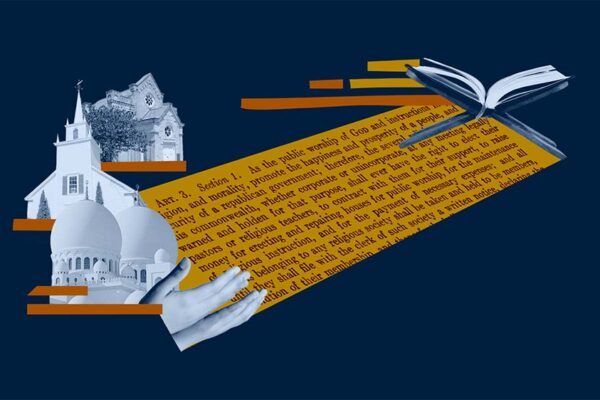 Collage with a church and mosque and temple and words from Article 3 of the Massachusetts Declaration of Rights which guarantees that all religious sects and denominations shall be equally under the protection of the law