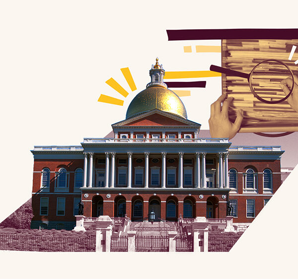 Collage of Massachusetts State House and a filing cabinet with a magnifying glass over the files to represent government transparency