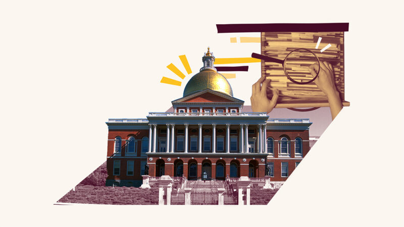 Collage of Massachusetts State House and a filing cabinet with a magnifying glass over the files to represent government transparency