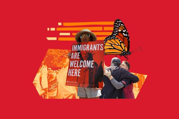 Collage of a rally with two people hugging and a person holding a sign saying Immigrants are Welcome Here