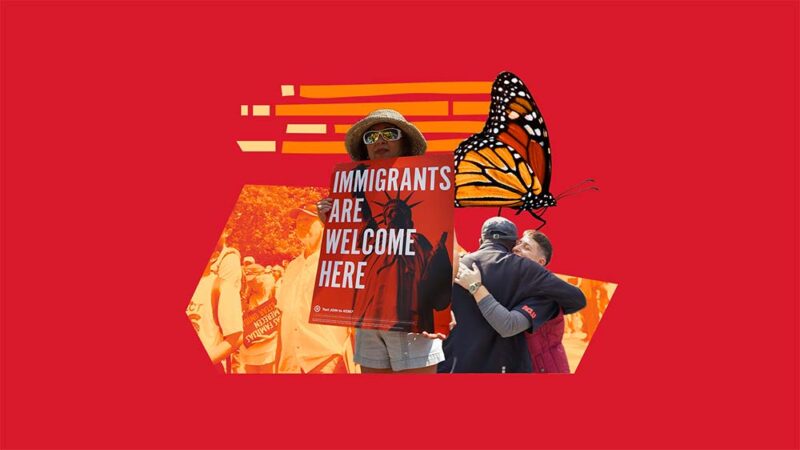 Collage of a rally with two people hugging and a person holding a sign saying Immigrants are Welcome Here