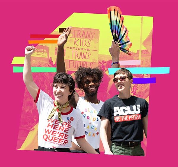 Collage of three people wearing shirts in support of LGBTQ rights with signs and a rainbow fan