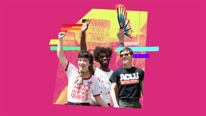 Collage of three people wearing shirts in support of LGBTQ rights with signs and a rainbow fan