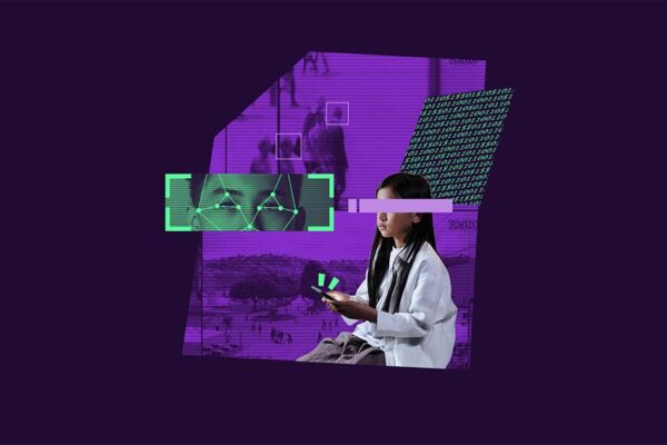 Collage with imagery representing facial recognition biometrics and a child on a device with their face hidden and imagery of data