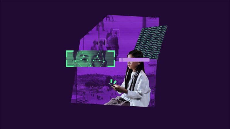 Collage with imagery representing facial recognition biometrics and a child on a device with their face hidden and imagery of data