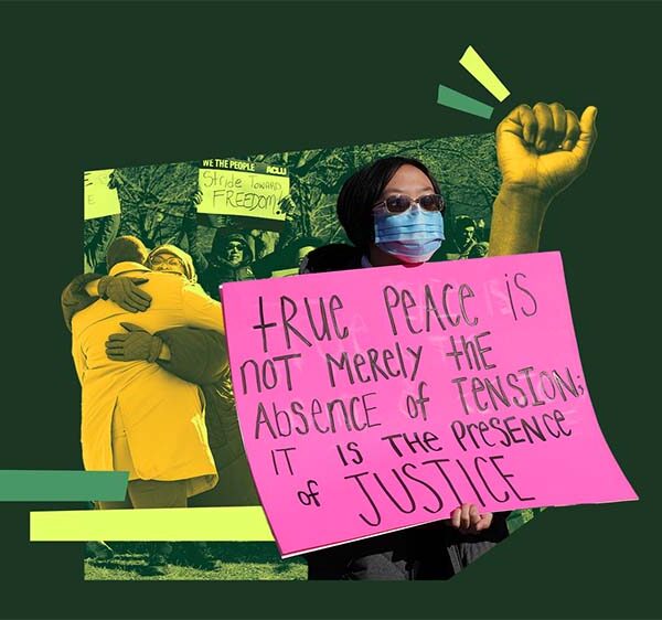 Collage of people at a rally with signs supporting racial justice and a raised fist