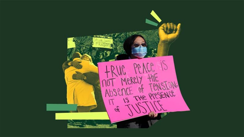 Collage of people at a rally with signs supporting racial justice and a raised fist