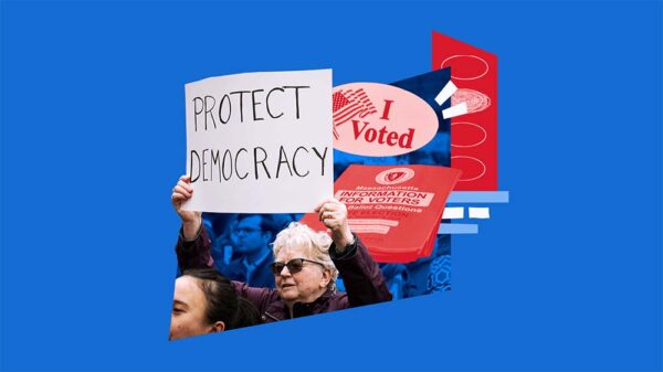 Collage of a rally with a sign saying Protect Democracy, a voter information pamphlet, a ballot, and an I Voted sticker