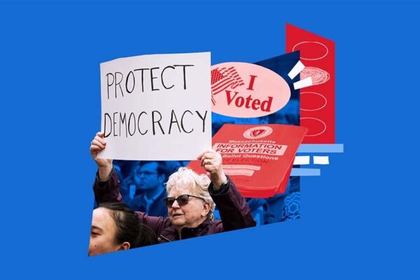 Collage of a rally with a sign saying Protect Democracy, a voter information pamphlet, a ballot, and an I Voted sticker