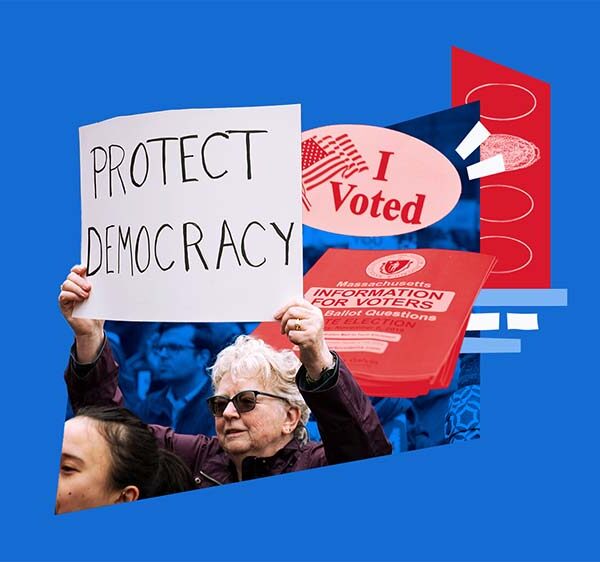 Collage of a rally with a sign saying Protect Democracy, a voter information pamphlet, a ballot, and an I Voted sticker