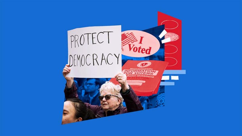 Collage of a rally with a sign saying Protect Democracy, a voter information pamphlet, a ballot, and an I Voted sticker