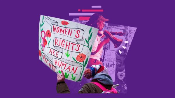 A collage of a rally with someone speaking into a megaphone and a sign saying Women's Rights are Human Rights