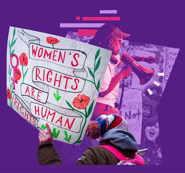A collage of a rally with someone speaking into a megaphone and a sign saying Women's Rights are Human Rights