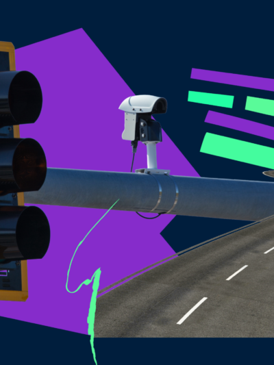 Collage image of a stop light, street camera, road, and geometric shapes.