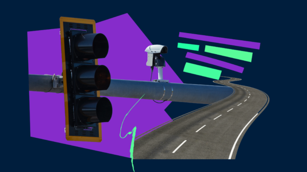 Collage image of a stop light, street camera, road, and geometric shapes.