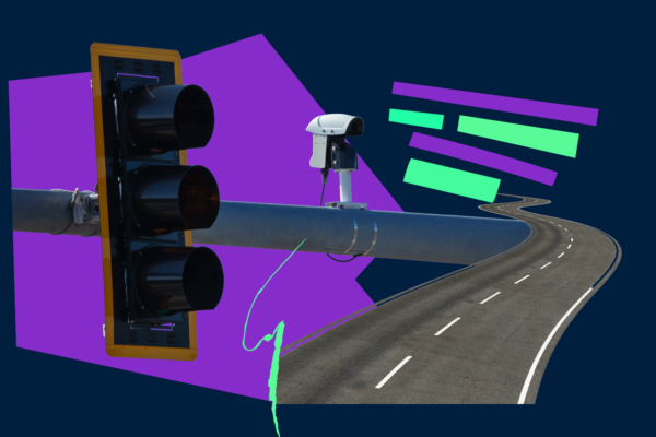 Collage image of a stop light, street camera, road, and geometric shapes.