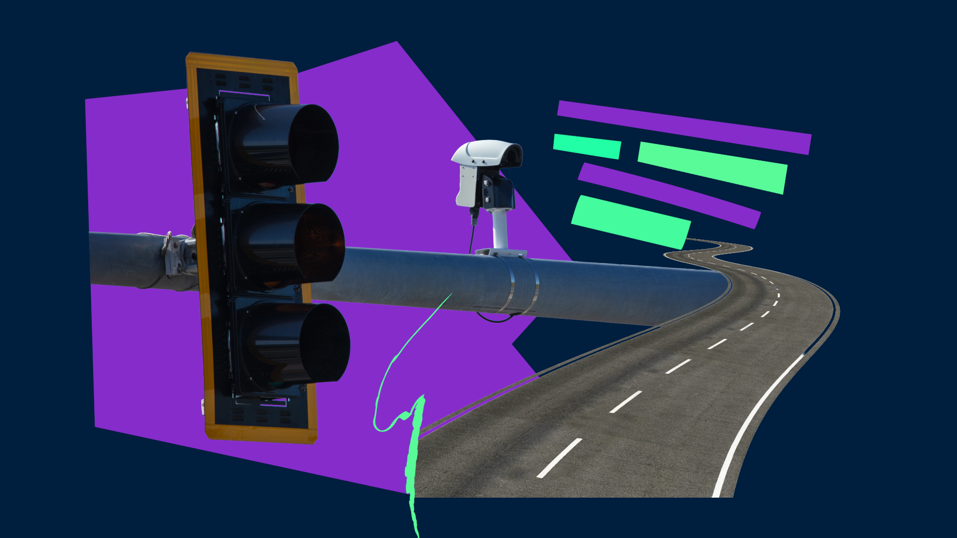 Collage image of a stop light, street camera, road, and geometric shapes.