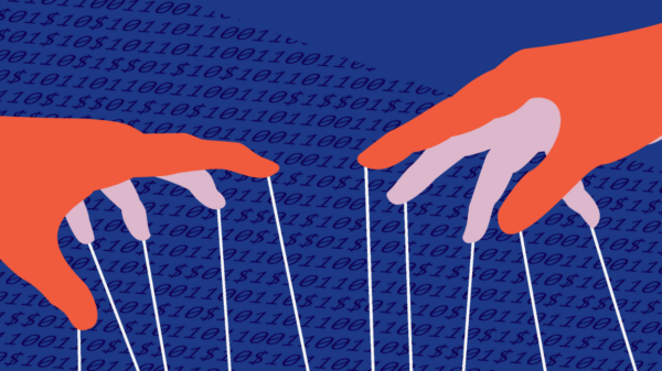 "Graphic of hands on a dark blue background. The hands are holding puppet strings.