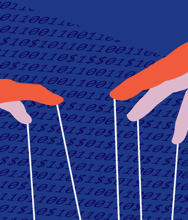 "Graphic of hands on a dark blue background. The hands are holding puppet strings.