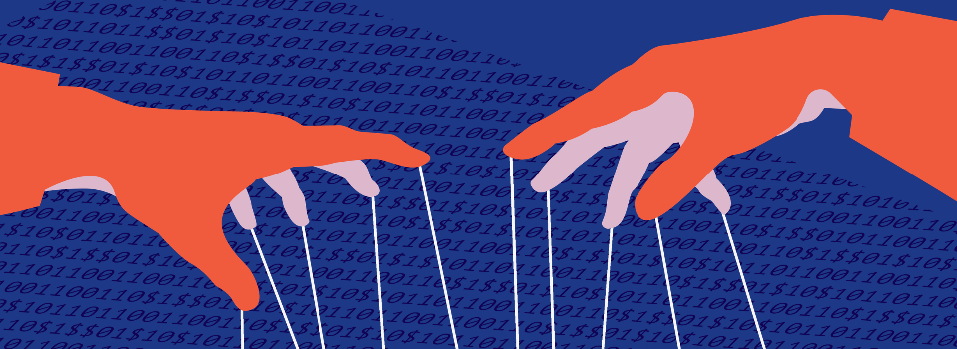 "Graphic of hands on a dark blue background. The hands are holding puppet strings.